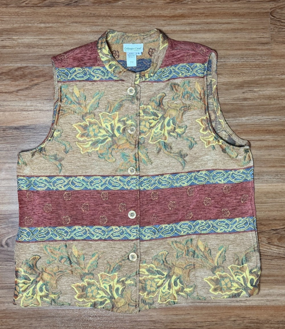 Cold Water Creek VTG Brocade Tapestry Vest Grannycore Cottage Core Pockets - L